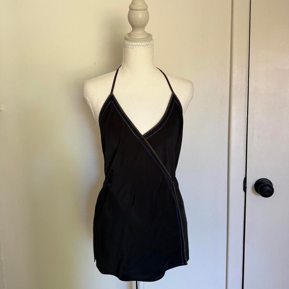 Rag & Bone black silk halter wrap top with blue and gold trim